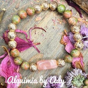Luxury maximalist chunky unakite and carnelian bracelet